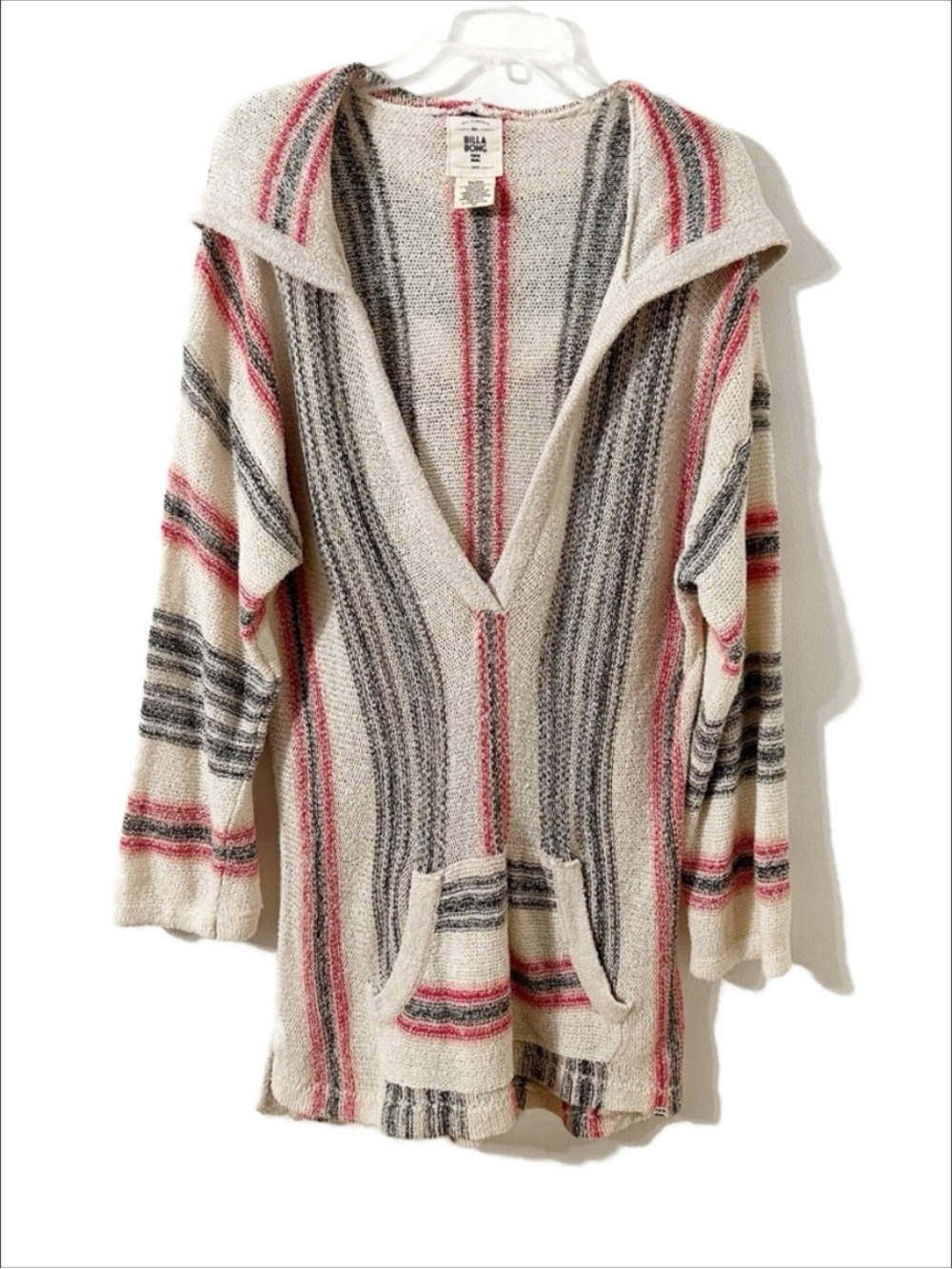 Billabong Deep V-Neck Striped Pullover Hooded Sweater Side Vent Kangaroo Pocket